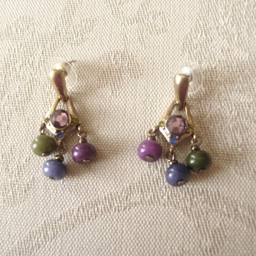 Chico's Earrings Gold Toned Drop Multicolored Stones Signed